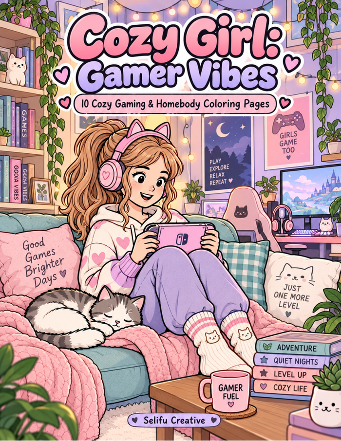 Cozy Girl Gamer Vibes Coloring Pages PDF