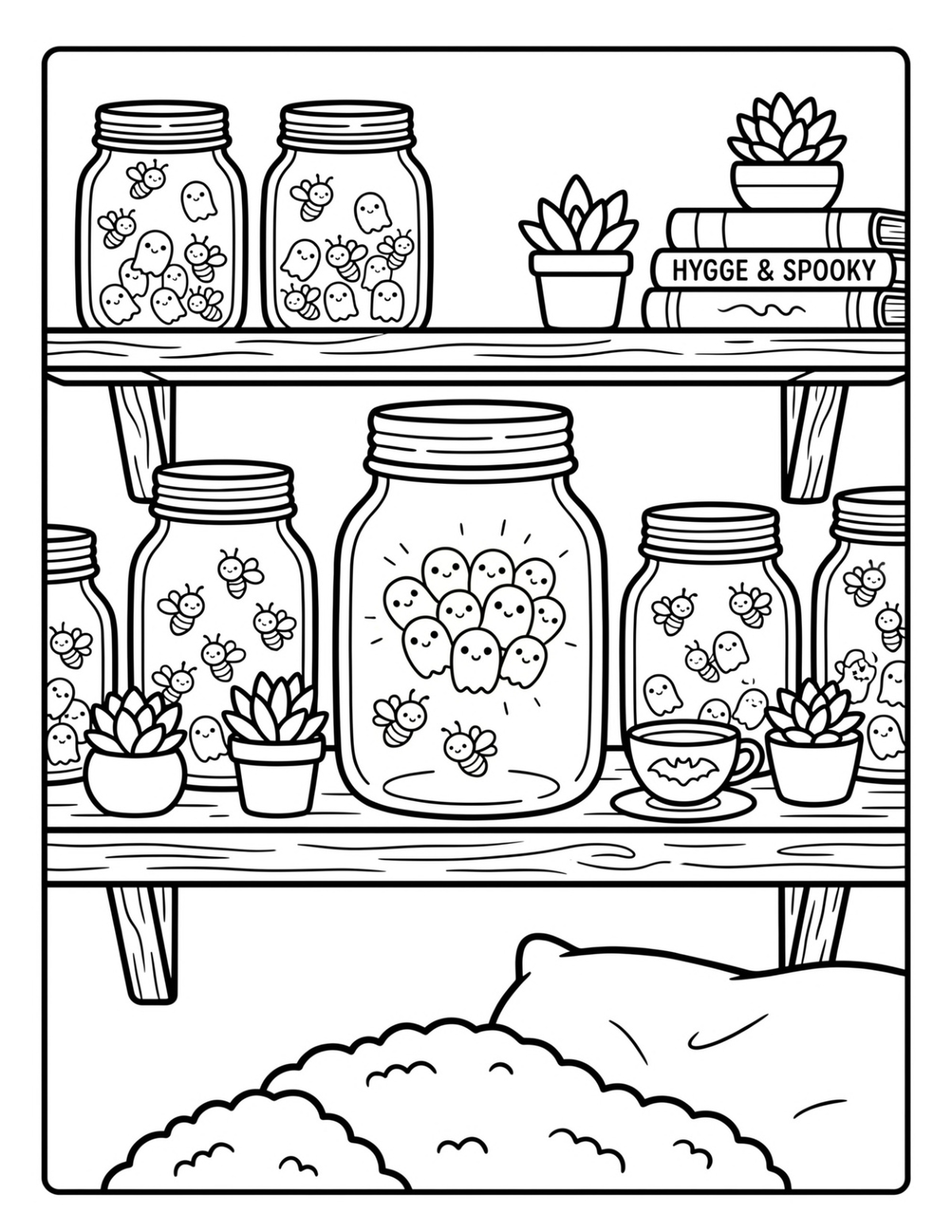 Sample coloring page from Spooky Cozy, included in Cozy & Spooky Mega Bundle – 5 Coloring Books