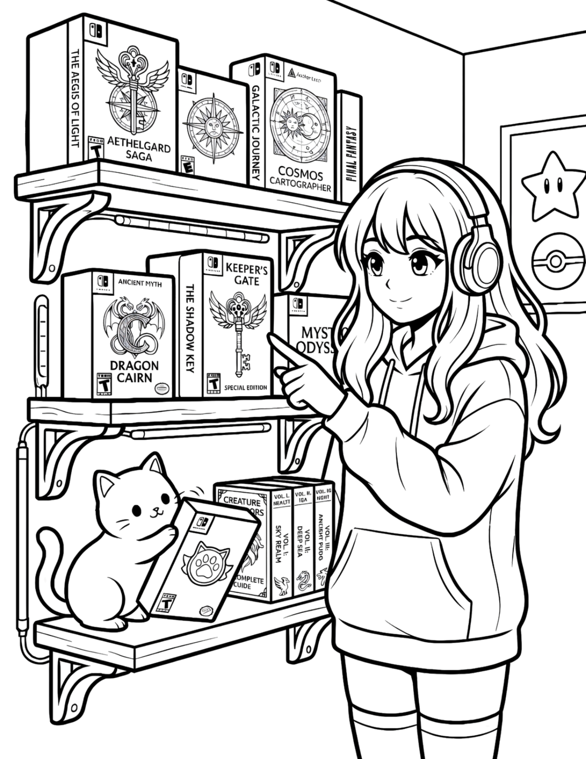 Gamer & Retro · Mochi’s Cozy Gamer Adventures — original colouring page