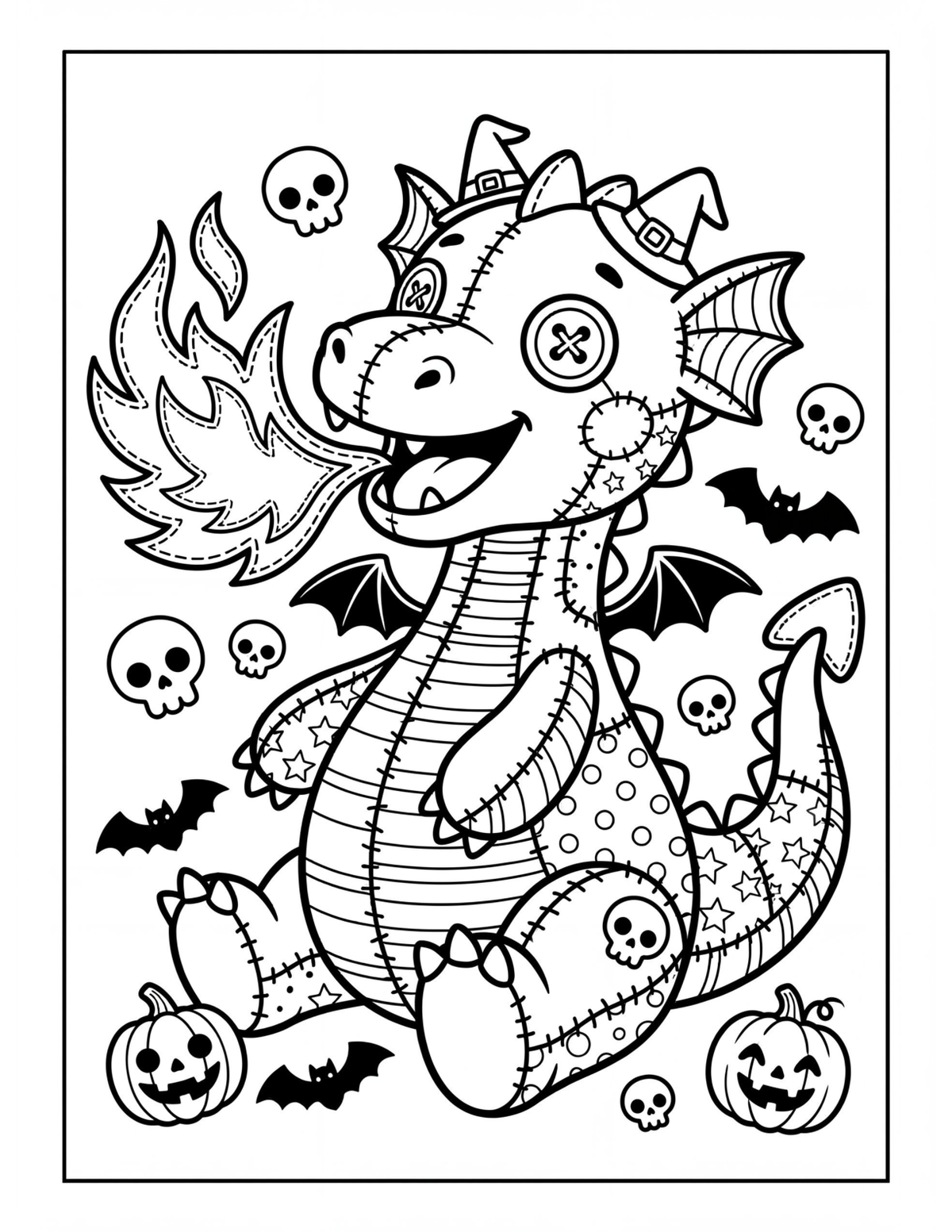 Sample coloring page from Spooky Stitches, included in Spooky Cute Mega Bundle – 4 Coloring Books