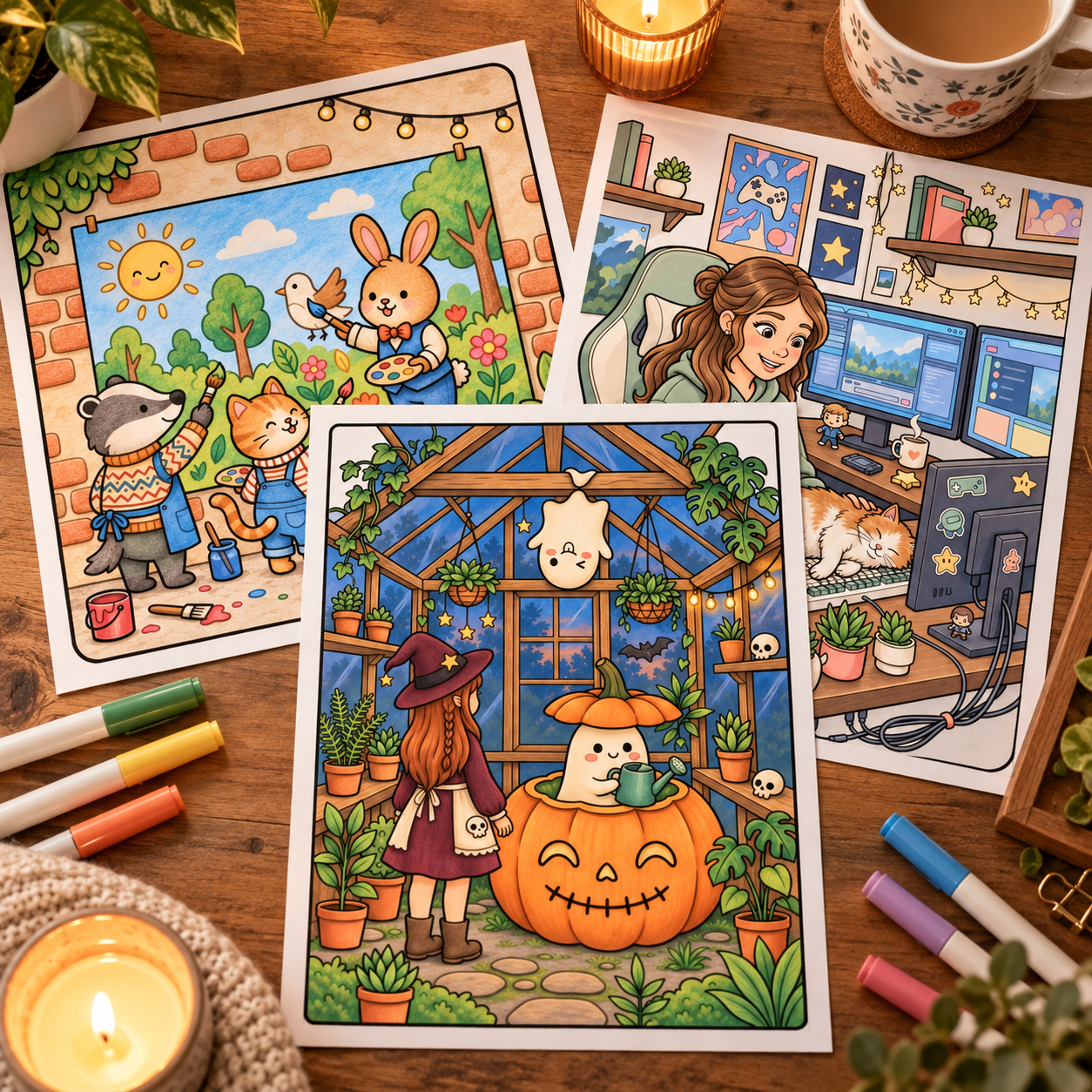 Real Selifu colouring pages, fully coloured, on a warm desk with coloured pencils